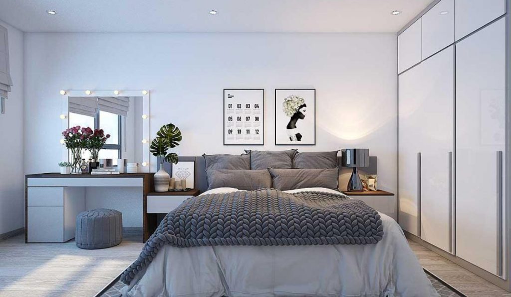 35+ mẫu thiết kế phòng ngủ đẹp cho nhà ống tiện nghi 30 Phòng ngủ với tông màu xanh xám giúp tâm trạng trở nên thoải mái và thư giãn