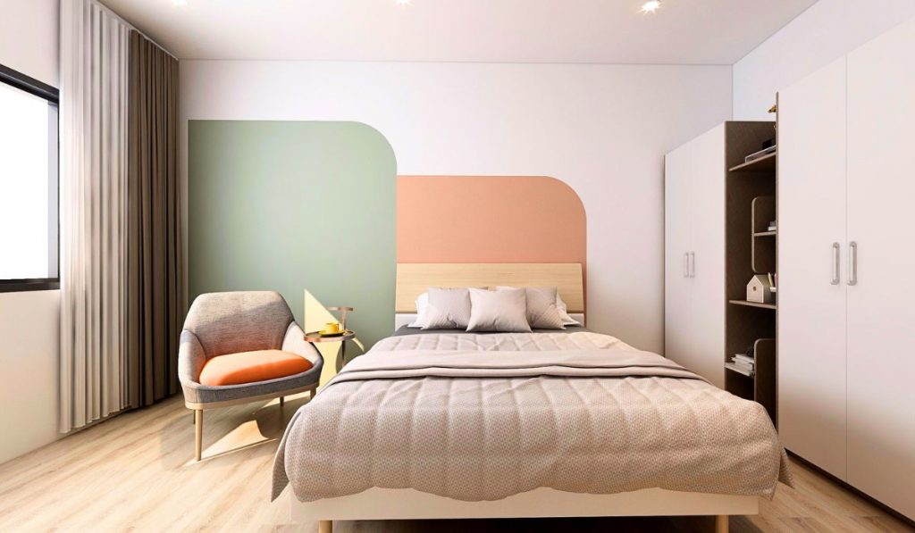 35+ mẫu thiết kế phòng ngủ đẹp cho nhà ống tiện nghi 31 Các gam màu pastel như xanh lá, hồng sẽ phù hợp với những bạn yêu thích sự dễ thương