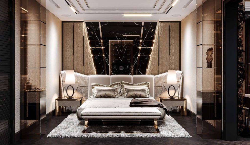 35+ mẫu thiết kế phòng ngủ đẹp cho nhà ống tiện nghi 27 Ốp tường bằng đá cẩm thạch giúp không gian phòng ngủ trở nên sang trọng, đẳng cấp