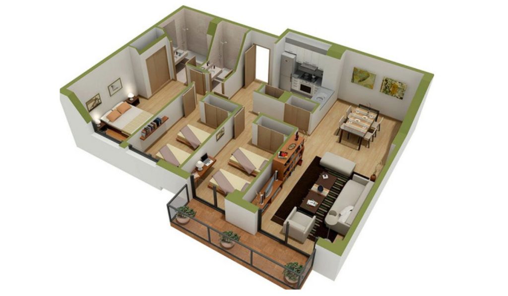 Mẫu thiết kế phòng khách nhà vuông hiện đại ba phòng ngủ