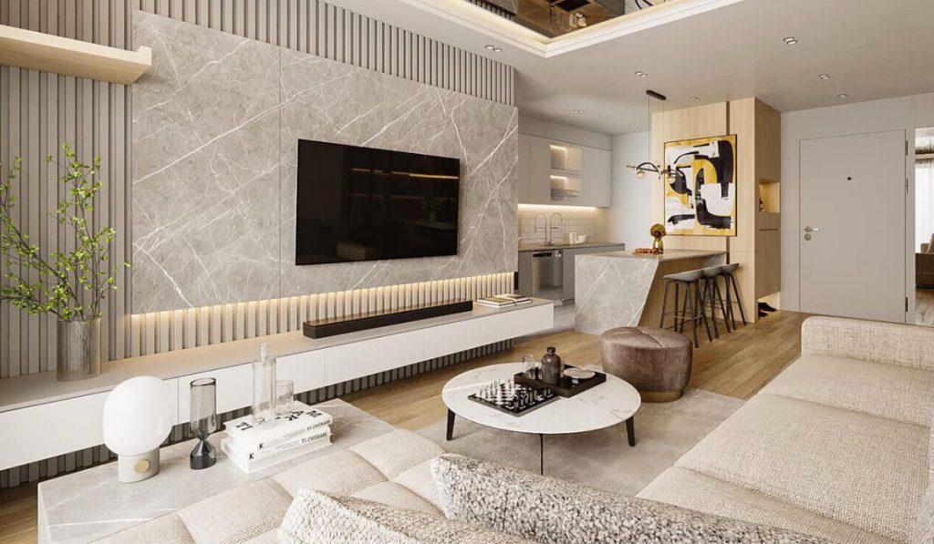 Mẫu trang trí phòng khách nhà vuông ba phòng ngủ