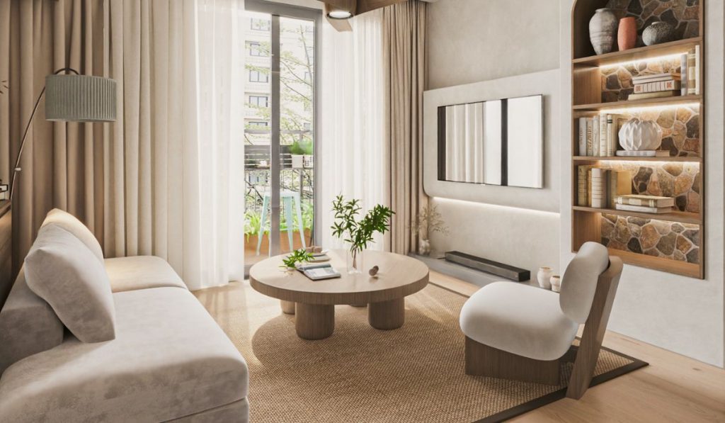 Mẫu trang trí phòng khách nhà vuông một phòng ngủ