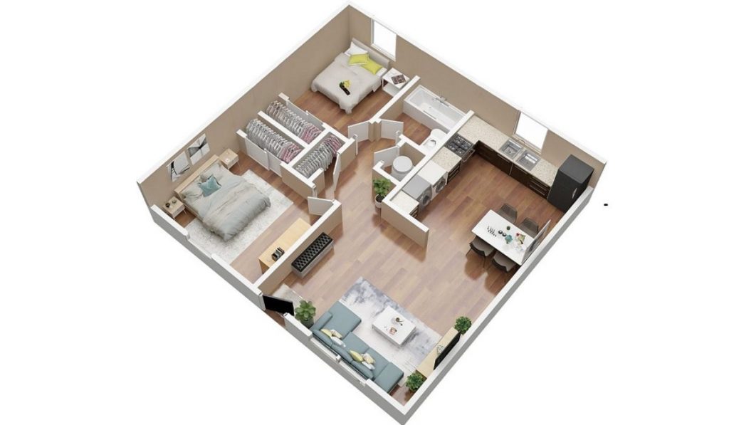 Mẫu thiết kế phòng khách nhà vuông hiện đại hai phòng ngủ