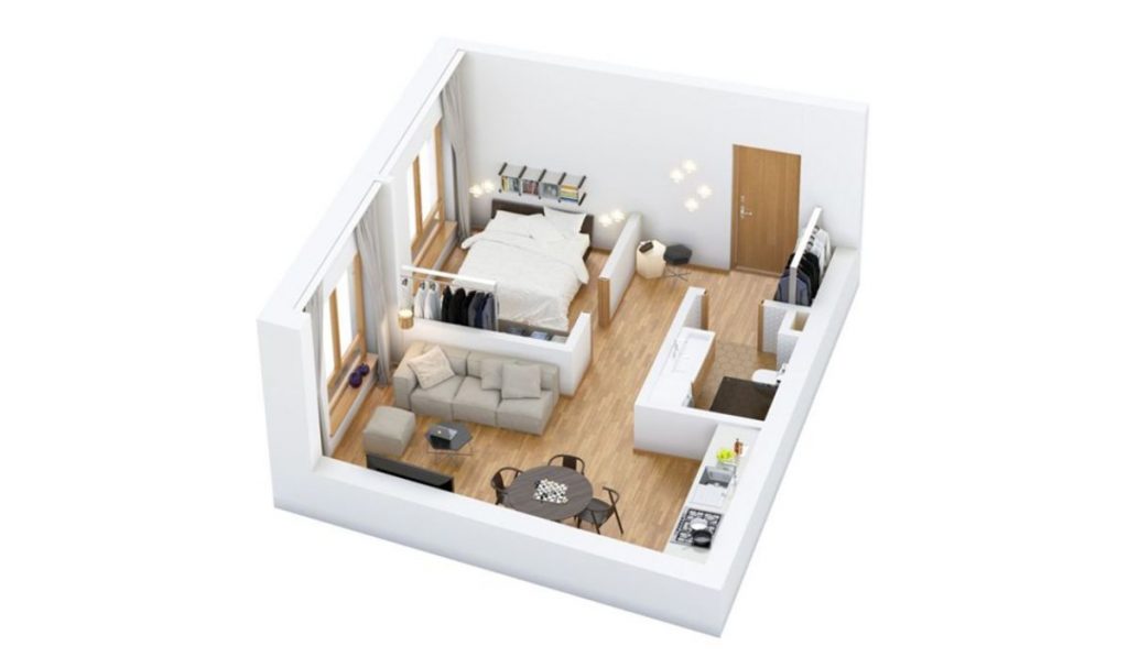 Mẫu thiết kế phòng khách nhà vuông hiện đại một phòng ngủ