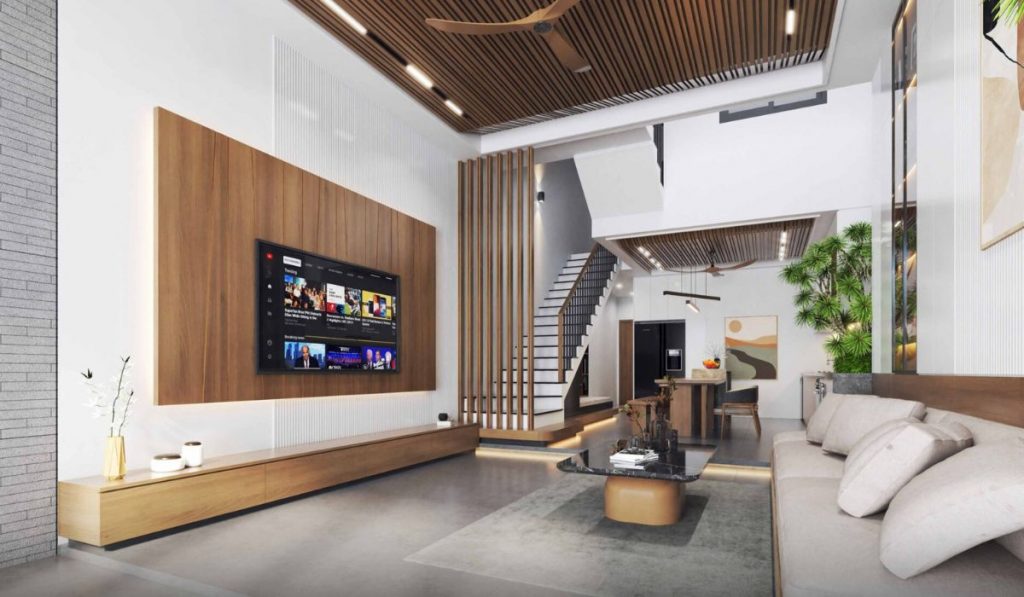 Mẫu kệ tivi gỗ, trơn là một trong những cách trang trí phòng khách nhà vuông lý tưởng