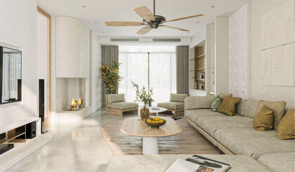 Phòng khách nhà vuông trang trí sofa dài kết hợp sofa đơn tạo cảm giác thông thoáng, gọn gàng