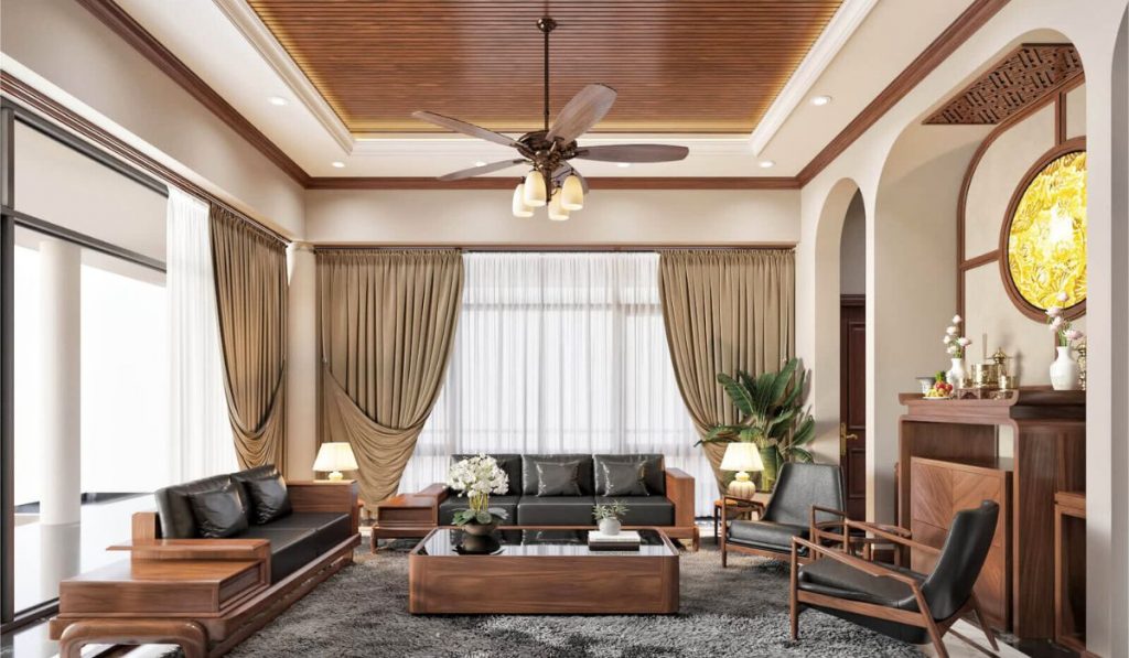 Quạt trần tích hợp đèn chùm là điểm nhấn hoàn hảo cho mẫu phòng khách theo phong cách hoài cổ