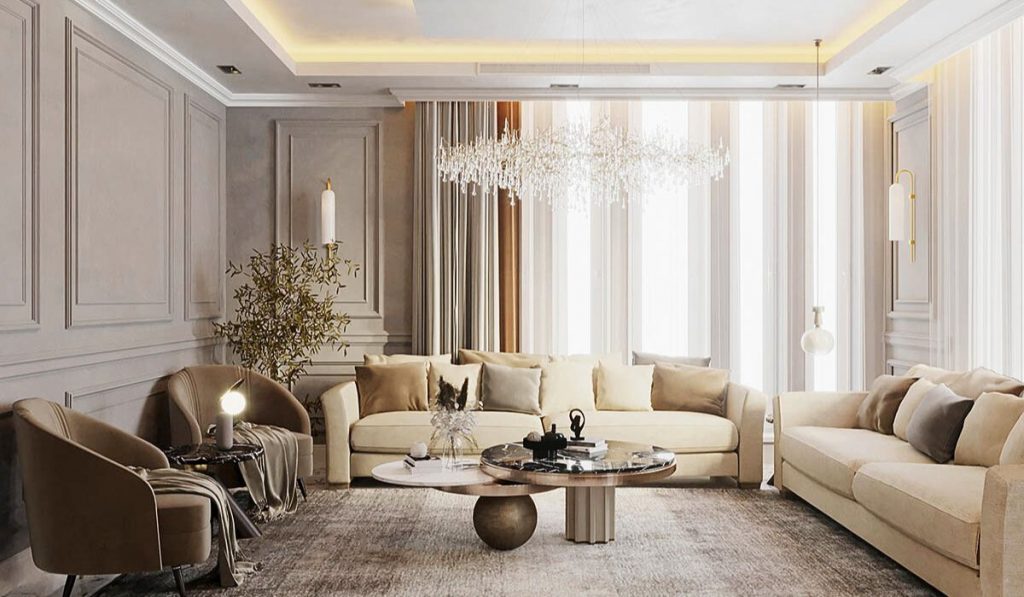 Mẫu thiết kế phòng khách nhà vuông hiện đại với bố cục và màu sắc hài hòa