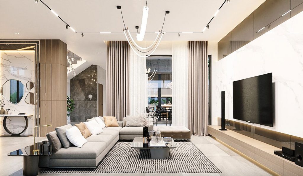 Nếu không có cửa sổ, bạn có thể sử dụng hệ thống đèn chiếu sáng để mang đến không gian sáng sủa, sang trọng