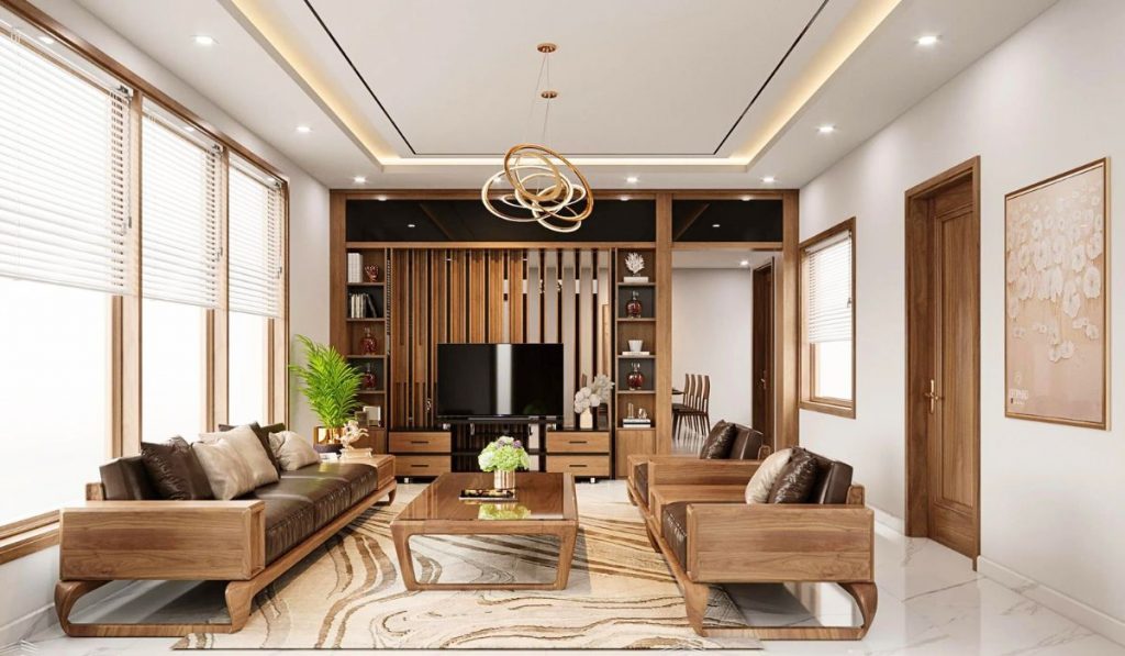 Cách trang trí phòng khách nhà chữ L dành cho gia chủ yêu thích sự ấm áp, tinh tế do nội thất gỗ mang lại