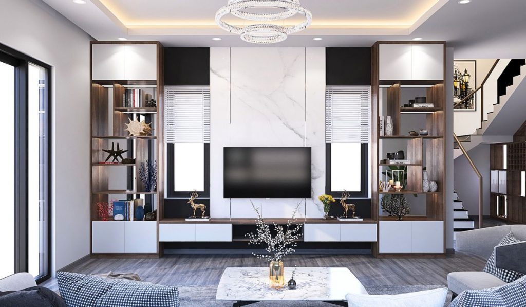 Tổng hợp các mẫu kệ trang trí phòng khách hiện đại nhất 20 Hệ thống kệ gỗ khiến phòng khách trở nên sang trọng, có điểm nhấn