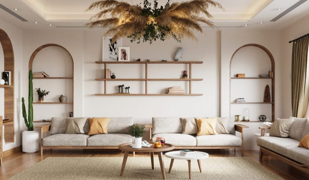 Nội thất gỗ đơn giản giúp tổng thể phòng khách phong cách Bắc Âu hài hòa, ấm áp