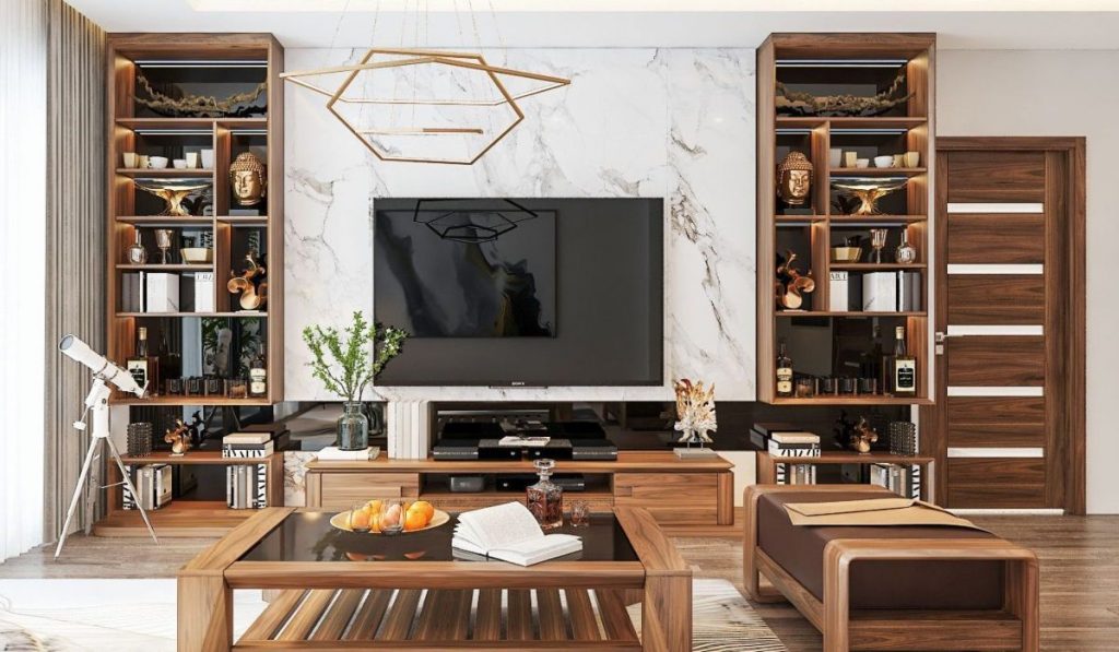 Bên cạnh các phong cách tân cổ điển, bàn ghế gỗ - kệ tivi cũng mang hơi thở hiện đại nhờ đường nét góc cạnh, đơn giản