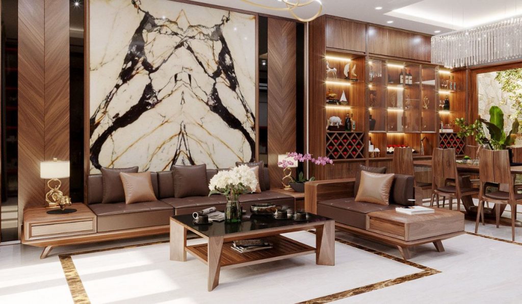 Bộ bàn ghế gỗ kết hợp với nệm da cùng kệ tủ đựng rượu mang đến sự đẳng cấp, sang trọng cho quý gia chủ