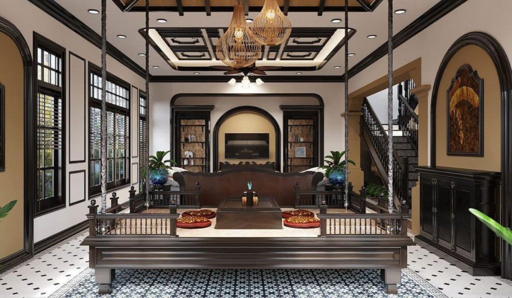 Nội thất gỗ tự nhiên được chạm khắc mềm mại, bình dị làm nổi bật lên nét đẹp tao nhã trong phong cách thiết kế Á Đông