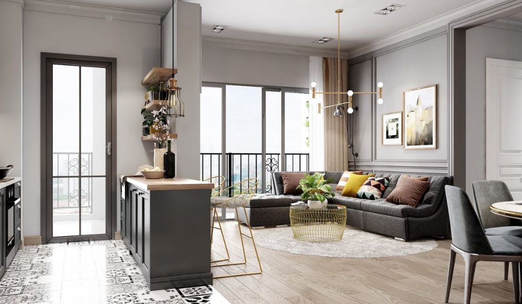 Mẫu thiết kế nội thất phong cách chung cư hiện đại với tông màu xám trắng nhã nhặn, hài hòa giữa màu sắc và vật liệu