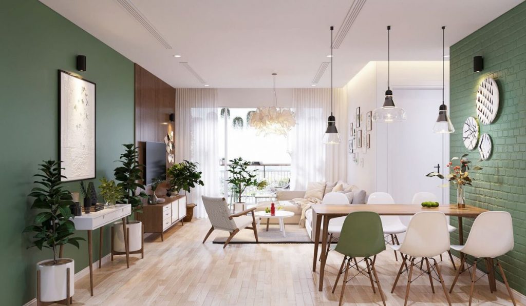 Sự kết hợp giữa màu xanh và trắng tạo nên không gian phòng khách mát mẻ, tự nhiên và hiện đại