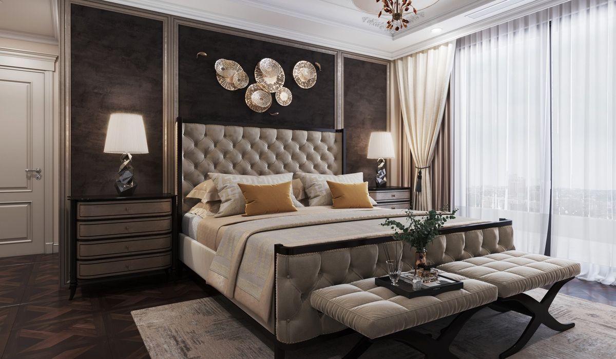 Nội thất phòng ngủ màu ghi xám, phong cách tân cổ điển, có 2 tab đầu giường