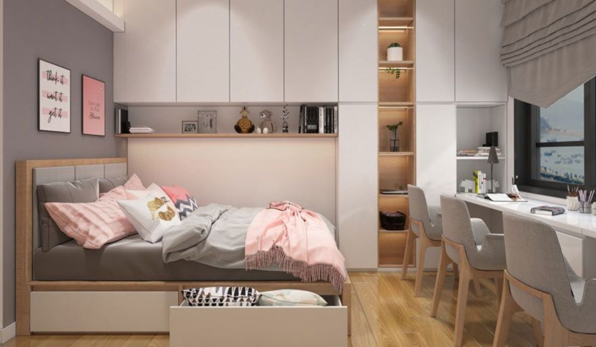 Nội thất phòng ngủ tone màu hồng-xám kết hợp tủ xác tường và có cửa sổ kính