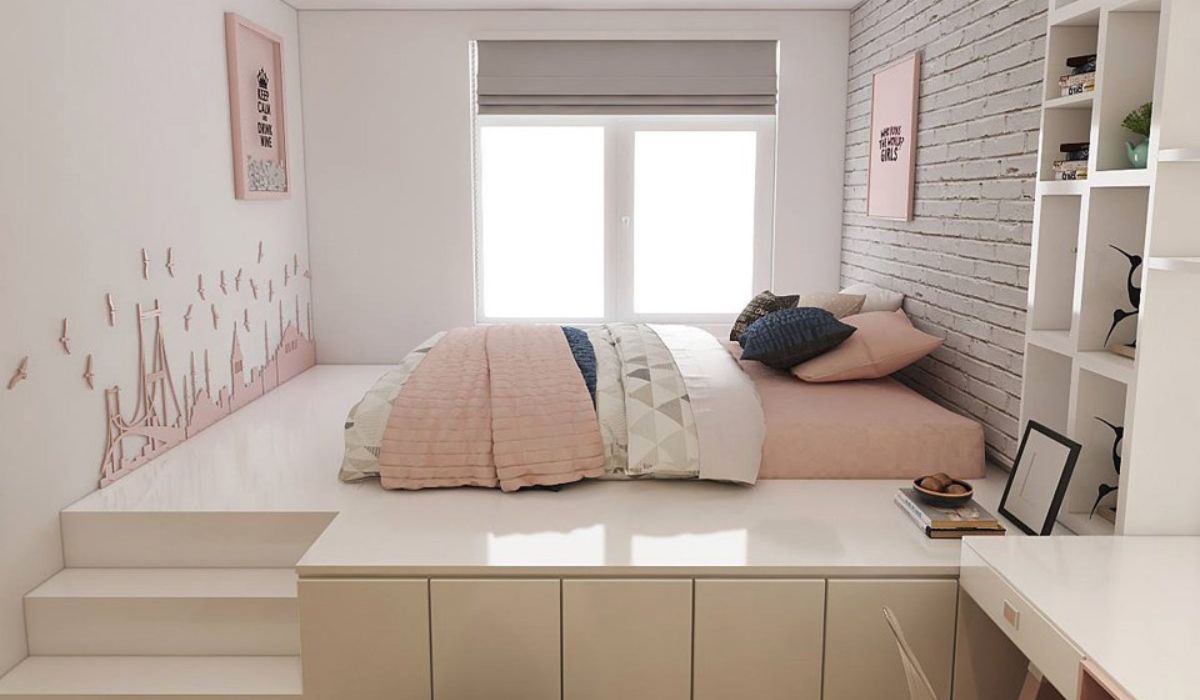 Phòng ngủ màu trắng-hồng cho bé gái, giường đa năng giúp tiết kiệm diện tích và không gian. Phòng ngủ có tủ xác tường