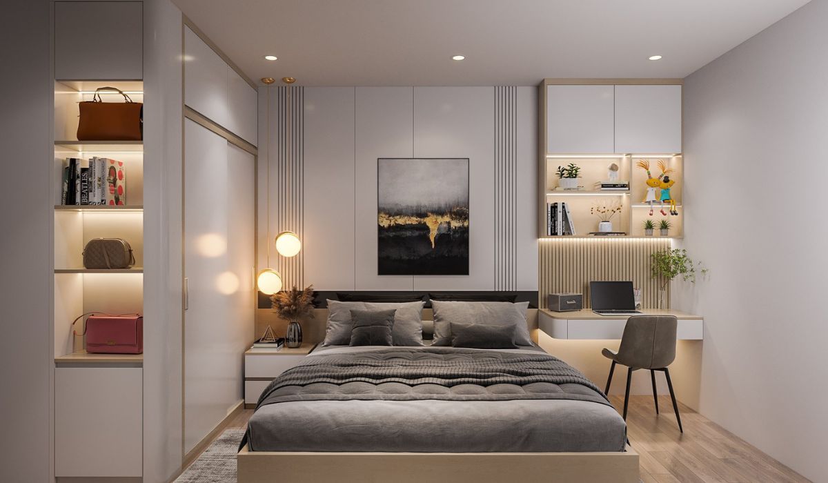 Nội thất Phòng ngủ dành cho 2 vợ chồng hiện đại, trang trí tranh treo tường, tủ thiết kế xác tường. Ngoài ra có bàn trang điểm kết hợp với bàn làm việc và kệ sách