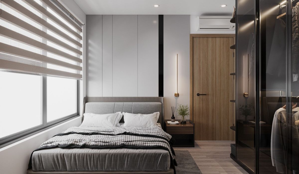 nội thất phòng ngủ Phòng ngủ tone màu xám-đen dành cho nam. phòng ngủ có cửa sổ kính lớn