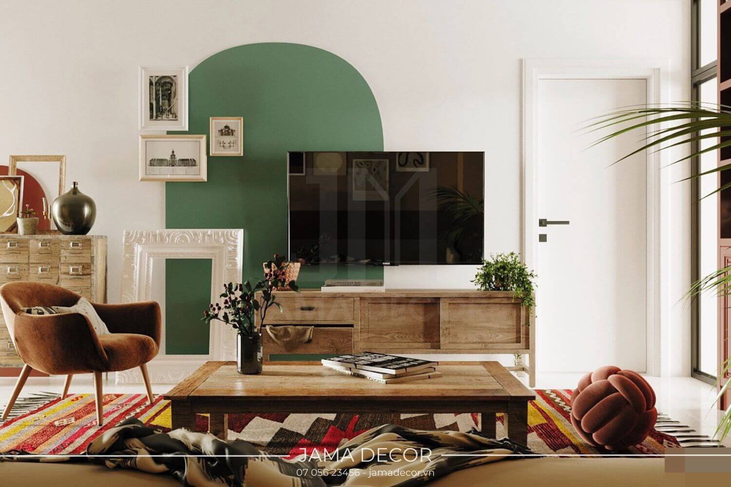 Tường phòng khách màu trắng với khối "xanh"