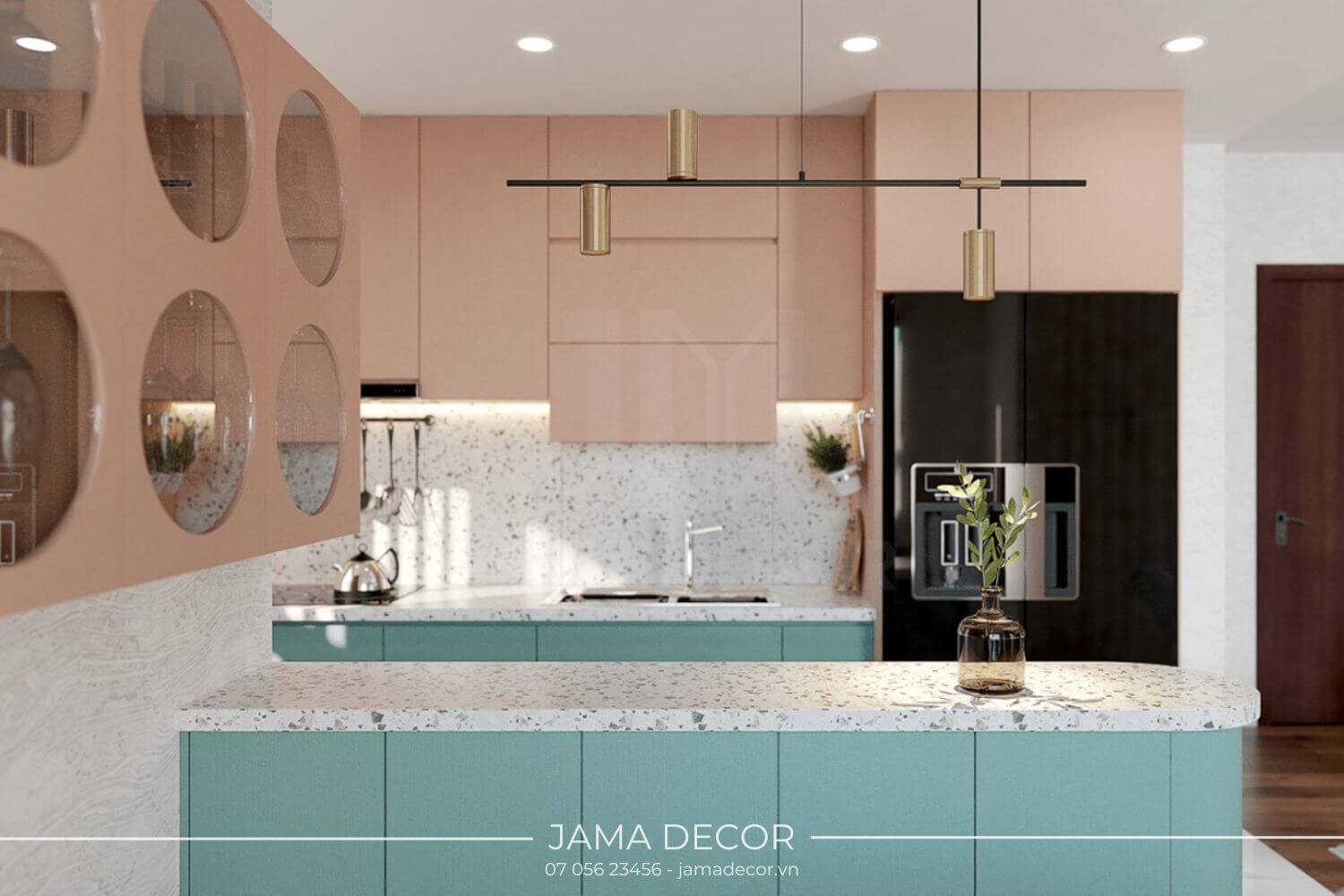 Phòng bếp Color Block xanh mint và da cam