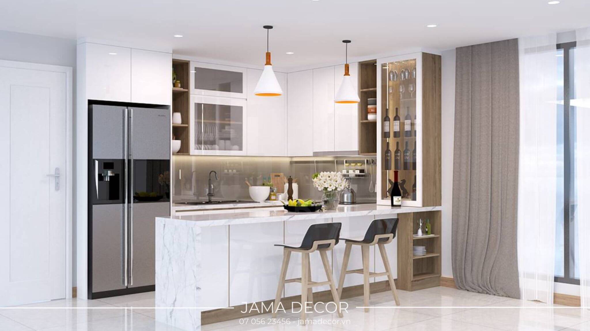 10+ mẫu nội thất bếp nhà ống 3m, 4m, 5m... đẹp, tiện nghi 35 bếp nhà ống màu trắng có bàn đảo