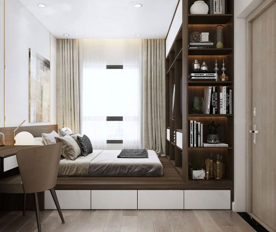10+ mẫu giường ngủ cho phòng nhỏ từ 6m2, 7m2, 8m2,... 38 giường phản tủ quần áo màu gỗ cánh gián