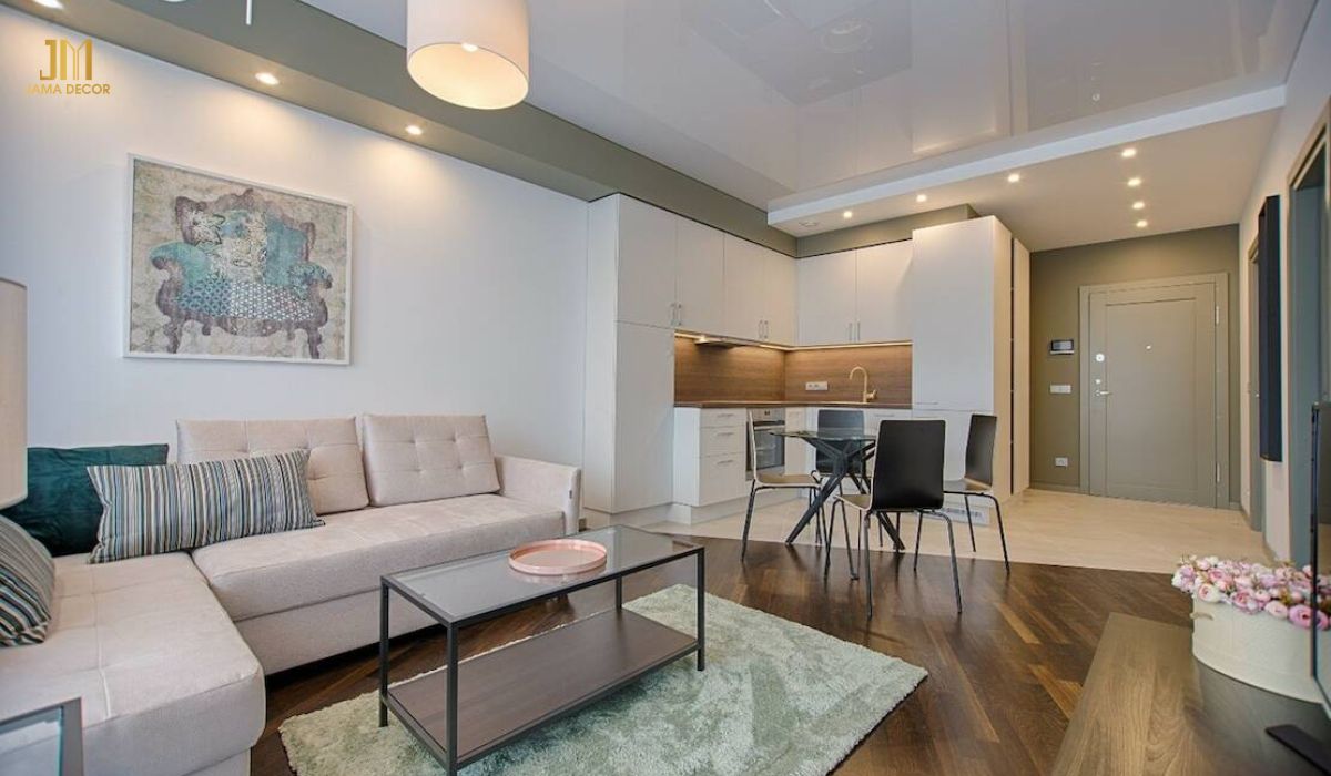 Phòng khách liền bếp căn hộ