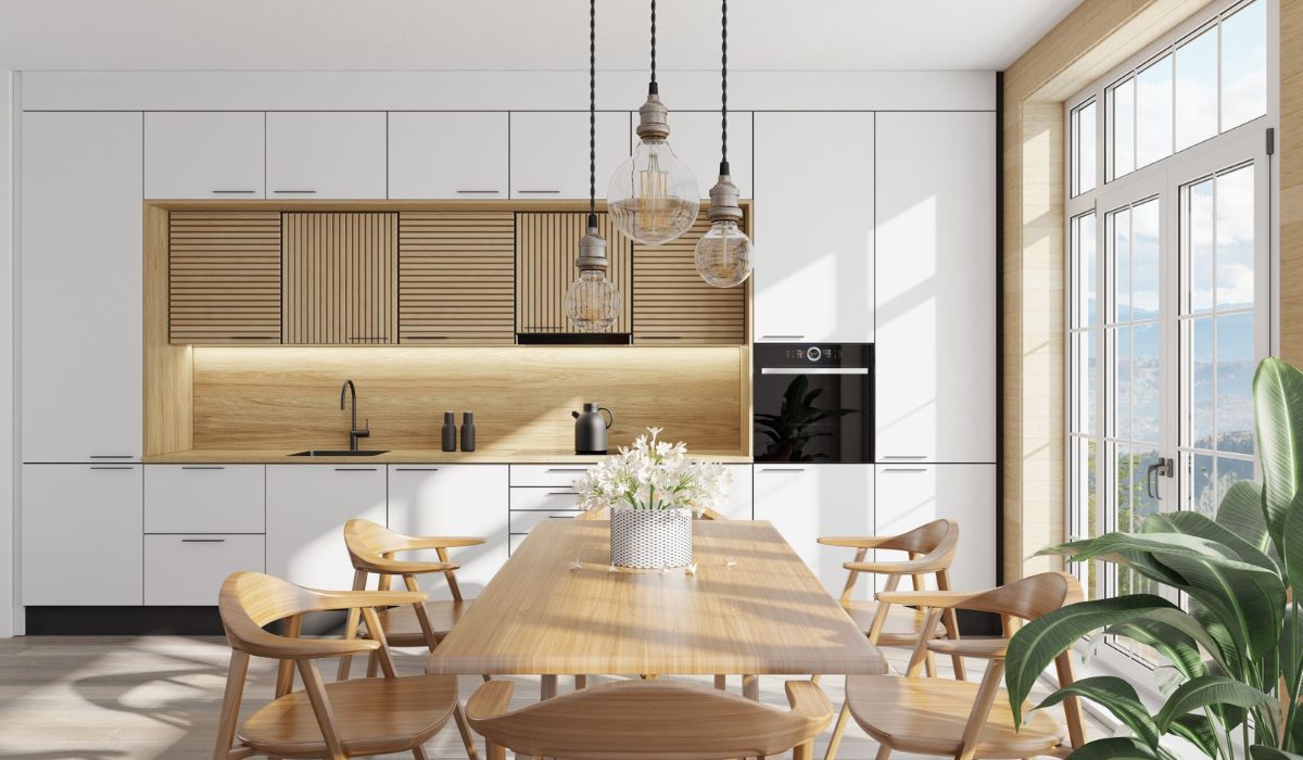 không gian bếp cạnh cửa sổ lớn