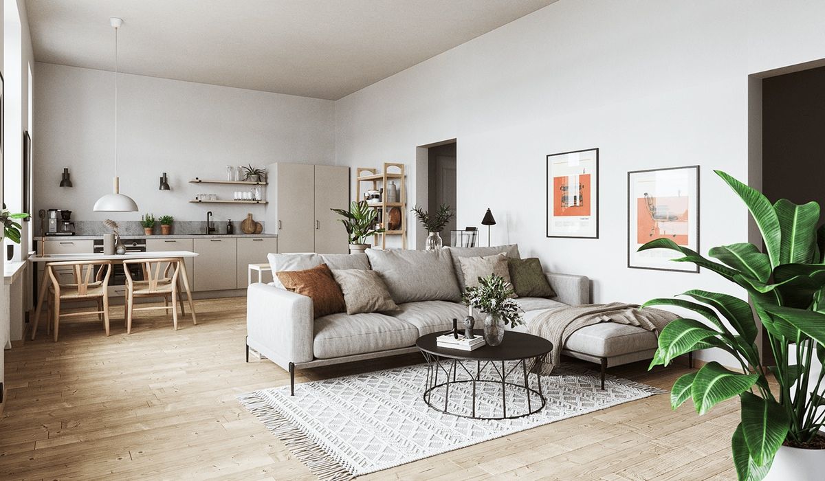 không gian phòng khách liền bếp scandinavian