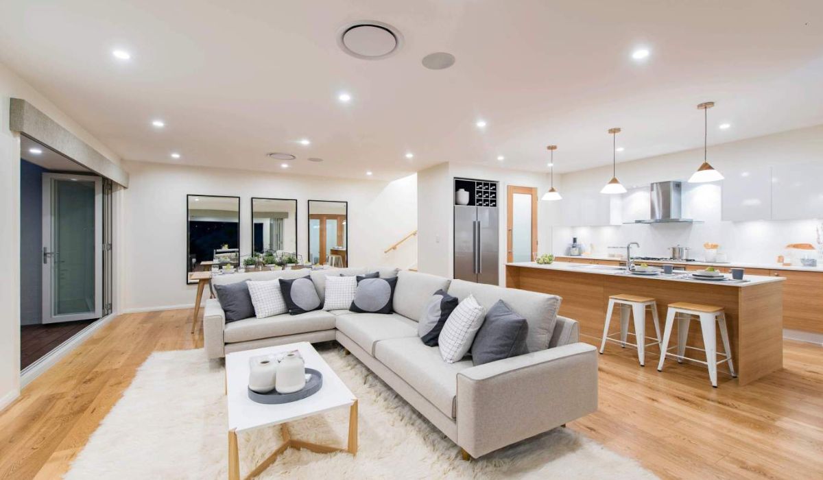 phòng khách liền bếp nhà phố scandi
