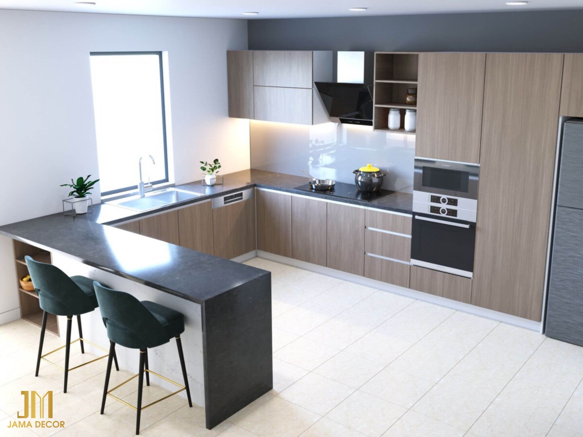 100+ mẫu phòng bếp nhà cấp 4 đẹp, hiện đại, tiết kiệm 43 bếp nhà cấp 4 thiết kế chữ U với bàn đảo