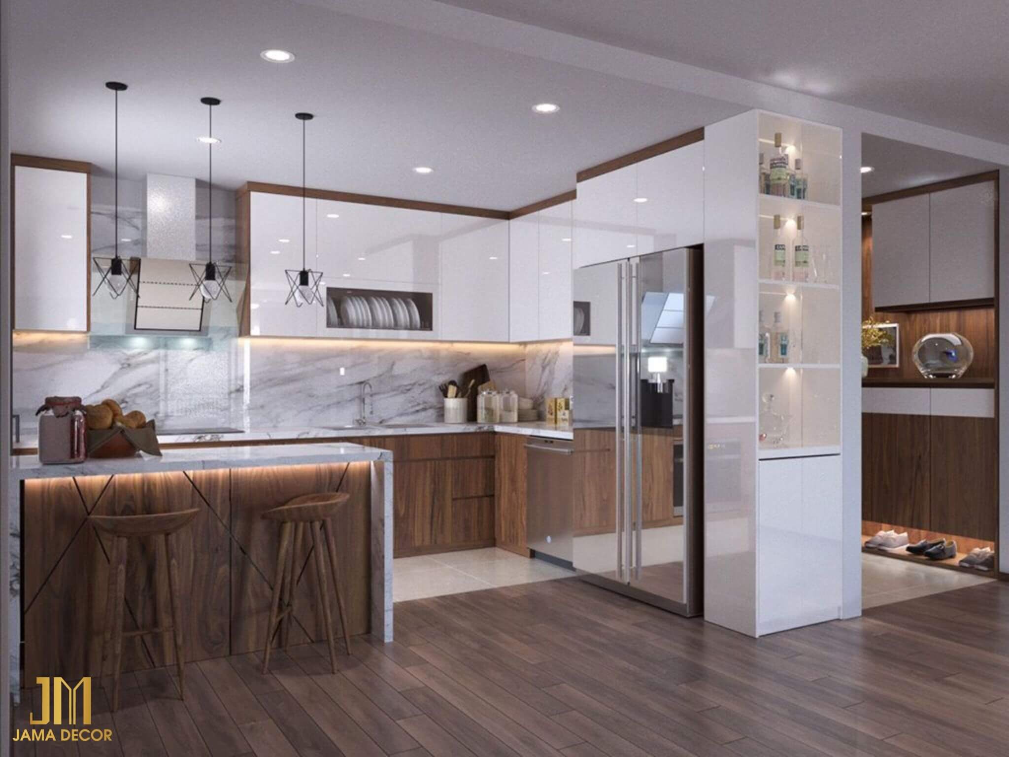 100+ mẫu phòng bếp nhà cấp 4 đẹp, hiện đại, tiết kiệm 53 thiết kế bếp chữ L kết hợp bàn đảo acrylic