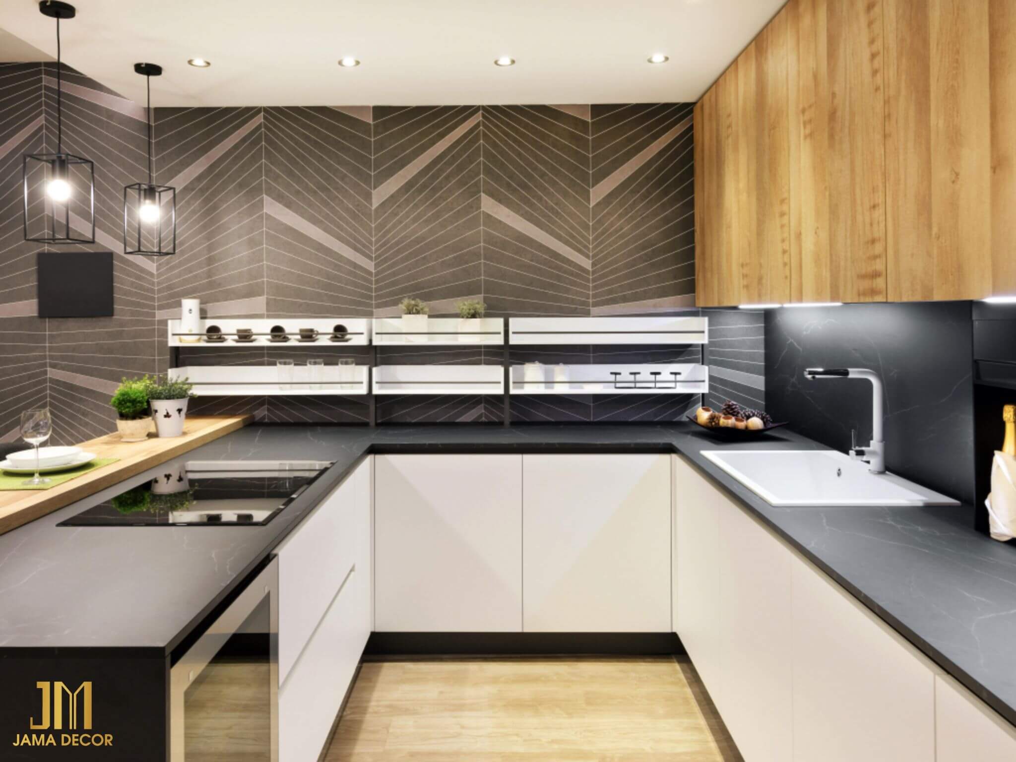 100+ mẫu phòng bếp nhà cấp 4 đẹp, hiện đại, tiết kiệm 42 bếp dưới thiết kế chữ U màu đen trắng cho nhà cấp 4