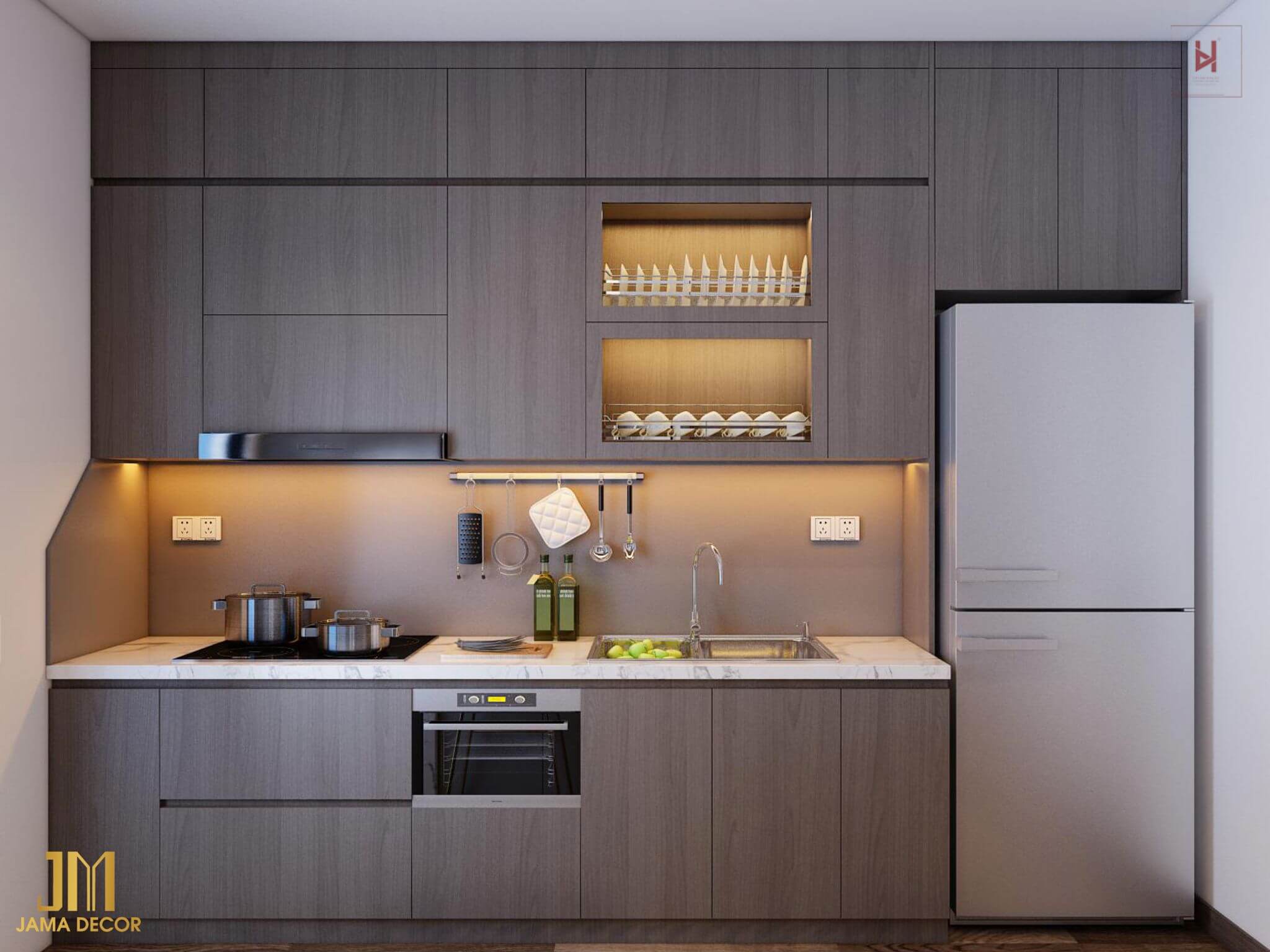 100+ mẫu phòng bếp nhà cấp 4 đẹp, hiện đại, tiết kiệm 37 bếp thẳng melamine màu gỗ xám