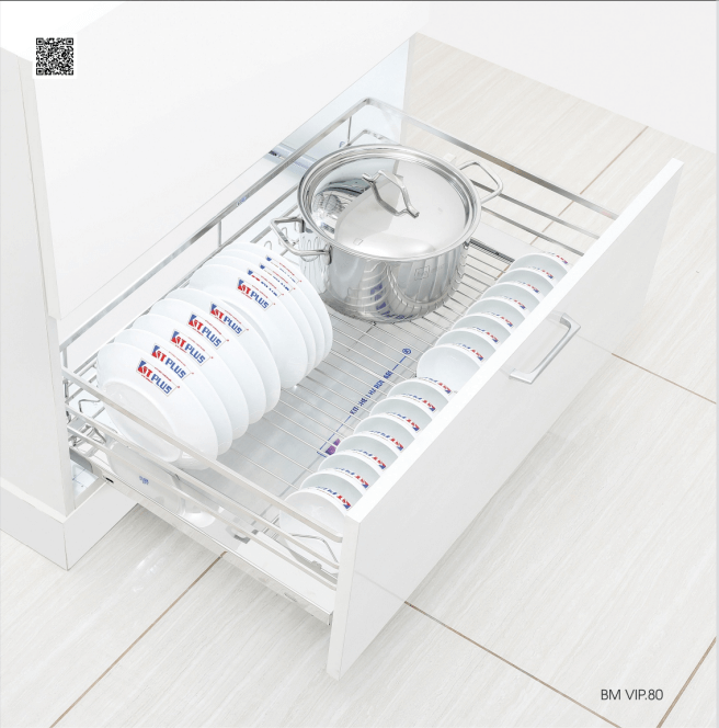 Giá xoong nồi, bát đĩa đa năng Inox nan dẹt - Ray giảm chấn BM VIP