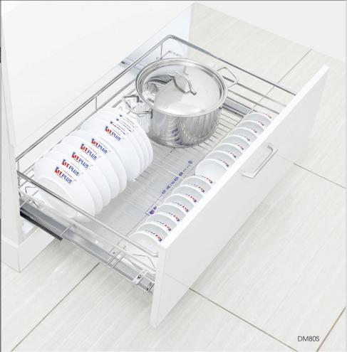 Giá Xoong Nồi, Bát Đĩa đa năng Inox nan tròn - Ray giảm chấn DM