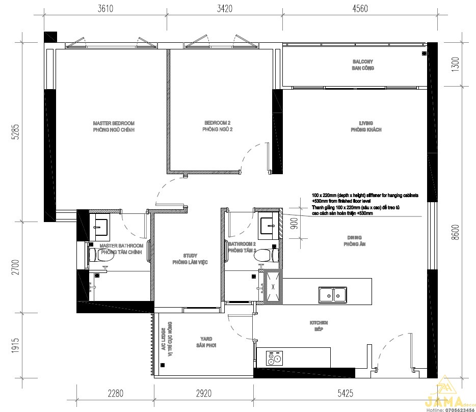 Bản vẽ thiết kế căn hộ 2 phòng ngủ 