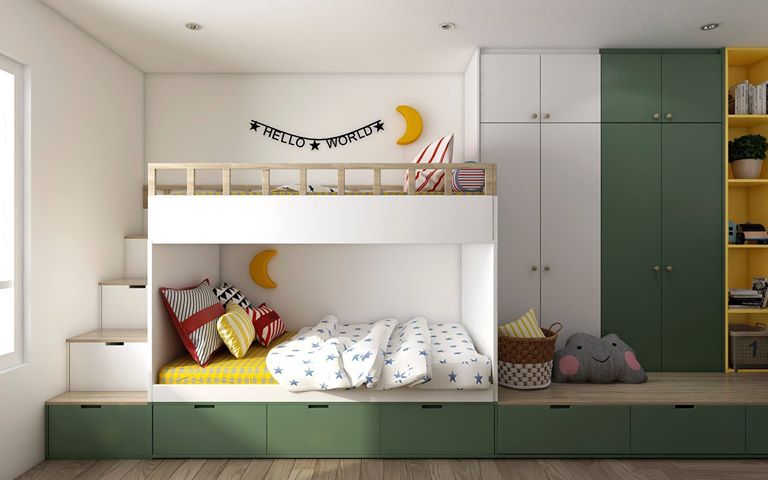 Phòng ngủ với giường tầng và bàn học đôi cho bé trai với gam màu nổi bật - JAMA DECOR