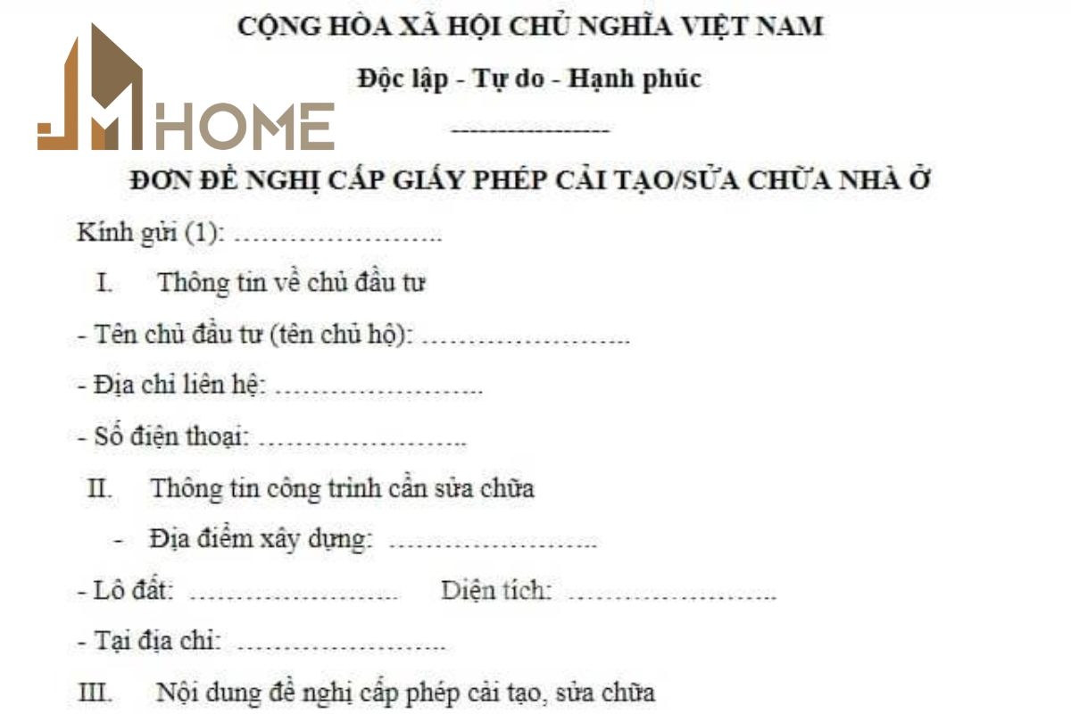 Mẫu đơn xin cải tạo/sửa chữa nhà ở