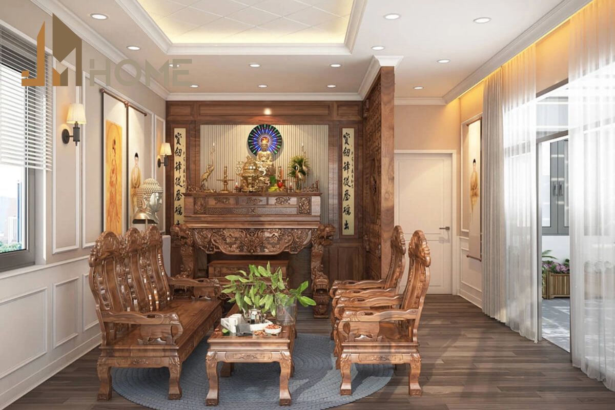 Mẫu thiết kế phòng thờ kết hợp phòng khách dành cho diện tích nhỏ, không gian hạn chế