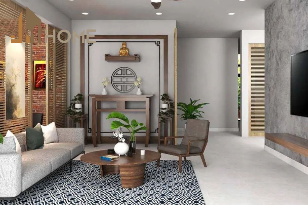 Mẫu thiết kế phòng thờ và phòng khách kết hợp dành cho nhà cấp 4