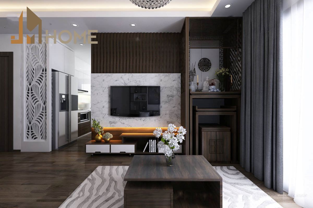 Thiết kế phòng thờ kết hợp phòng khách phong cách hiện đại