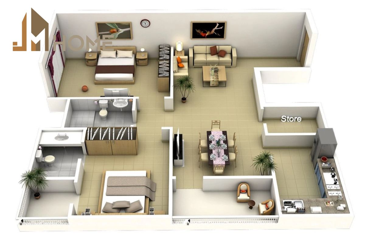 Cách bố trí phổ biến của căn hộ chung cư 75m2 có 3 phòng ngủ