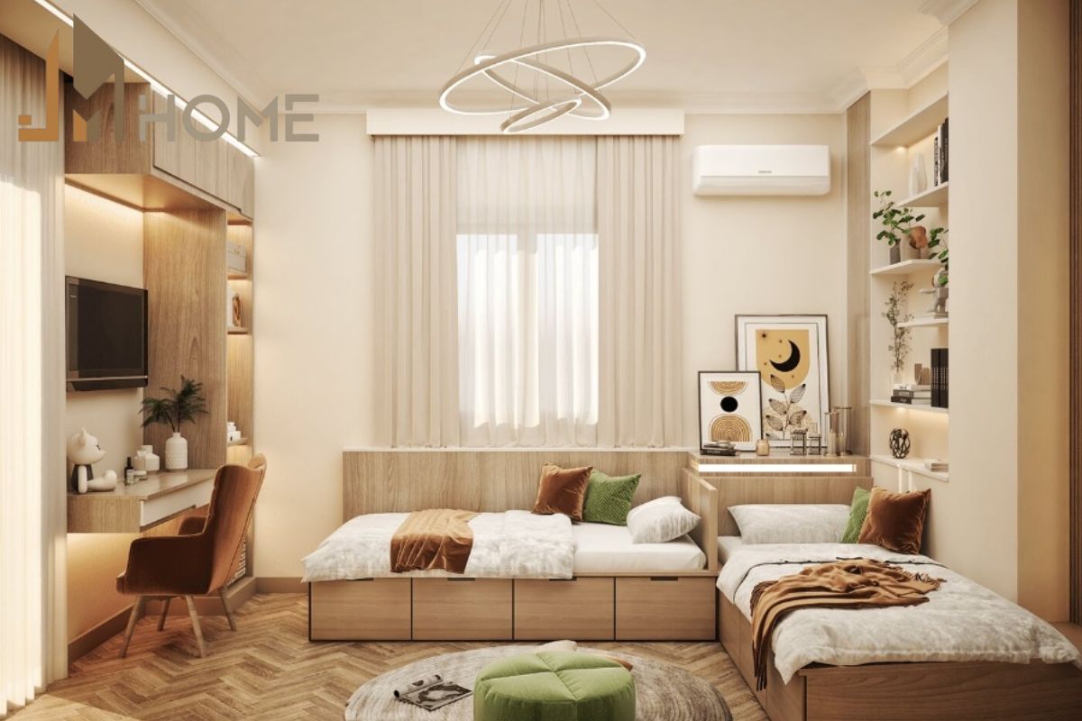 Bố trí hai giường vuông góc là là giải pháp tuyệt vời tận dụng góc chết