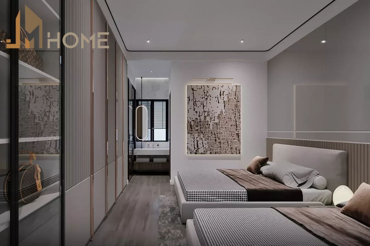 Mẫu thiết kế nội thất phòng ngủ hai giường ngủ hiện đại