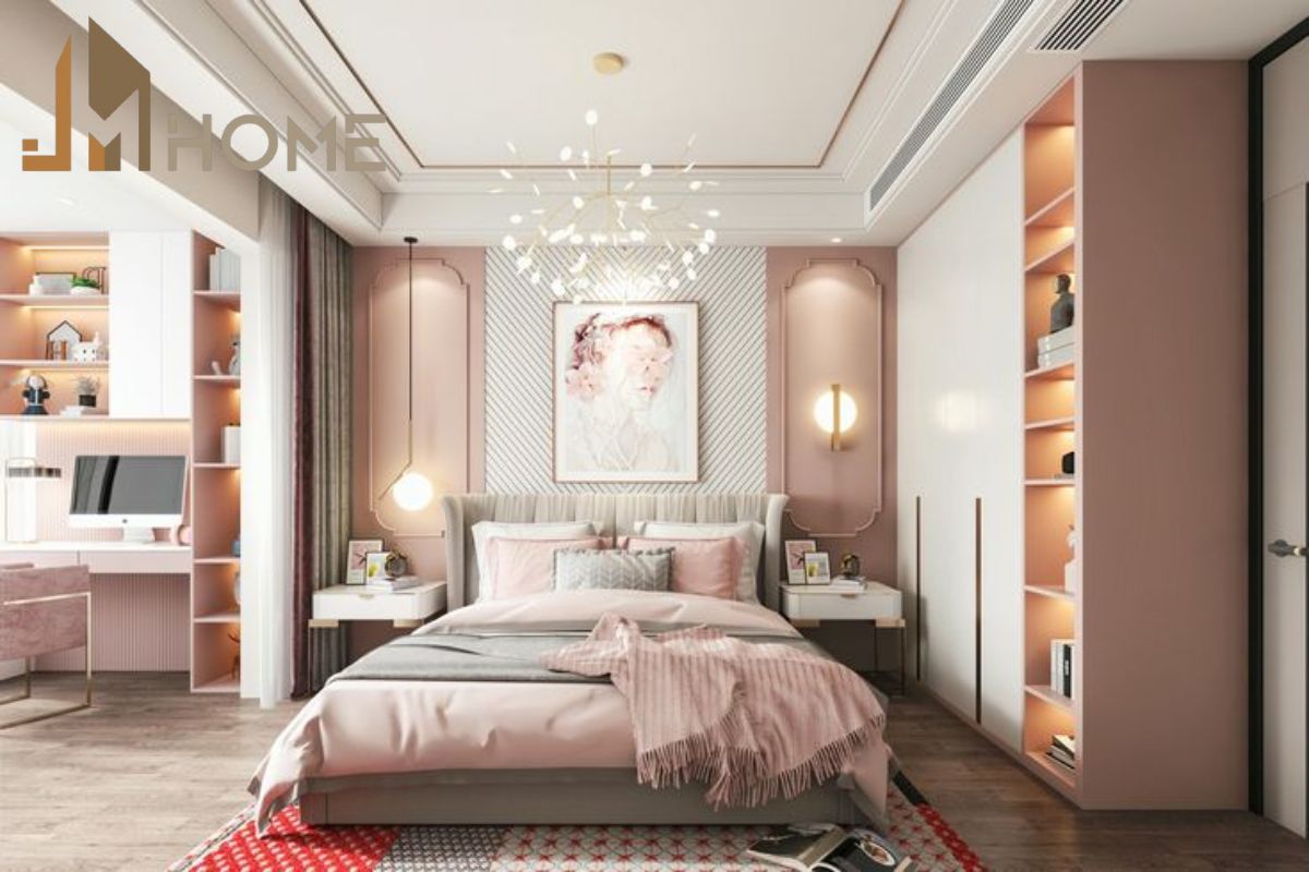 Phòng ngủ màu hồng ngọt ngào với phong cách Hàn Quốc